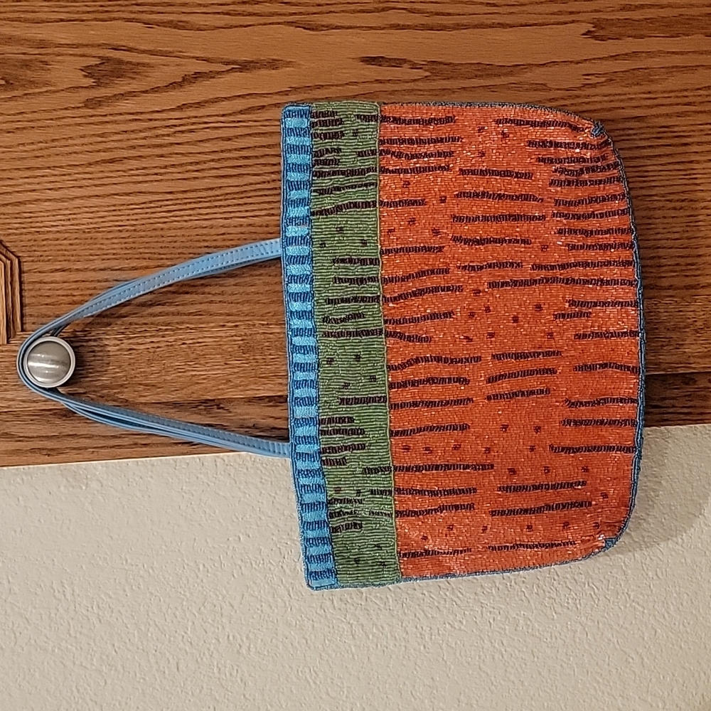 Orange, green and turquoise beaded handbag,  no missing beads anywhere.